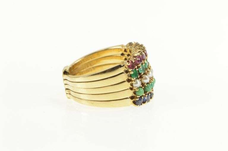 14K Yellow Gold 1960's Layered Emerald Ruby Sapphire Band Ring
