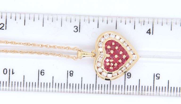 Gorgeous Yellow Gold Ruby and Diamond Heart Shaped Pendant on Chain Necklace