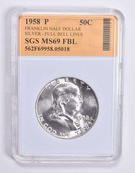 MS69 FBL 1958-P Franklin Silver Half Dollar Full Bell Lines SGS