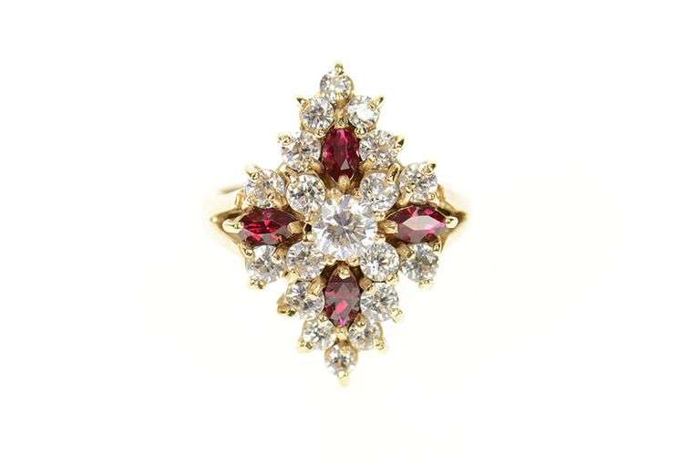 10K Yellow Gold Ornate Cubic Zirconia Syn. Ruby Cluster Ring