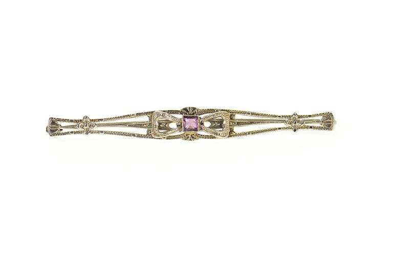 10K White Gold Art Deco Princess Amethyst Etched Bow Bar Pin/Brooch