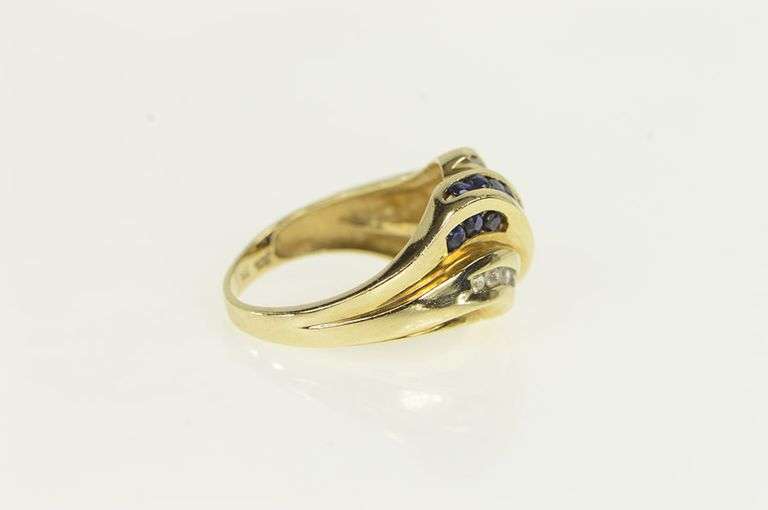 10K Yellow Gold White & Blue Sapphire Wavy Statement Ring