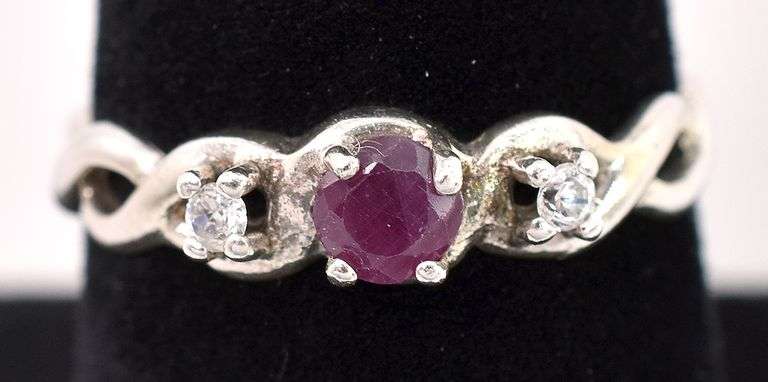 Sterling Silver Red Gemstone and CZ Ring