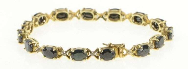10K Yellow Gold 11.27 Ctw Natural Sapphire Diamond Tennis Bracelet