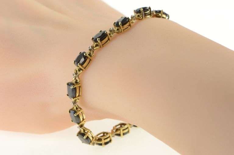 10K Yellow Gold 11.27 Ctw Natural Sapphire Diamond Tennis Bracelet