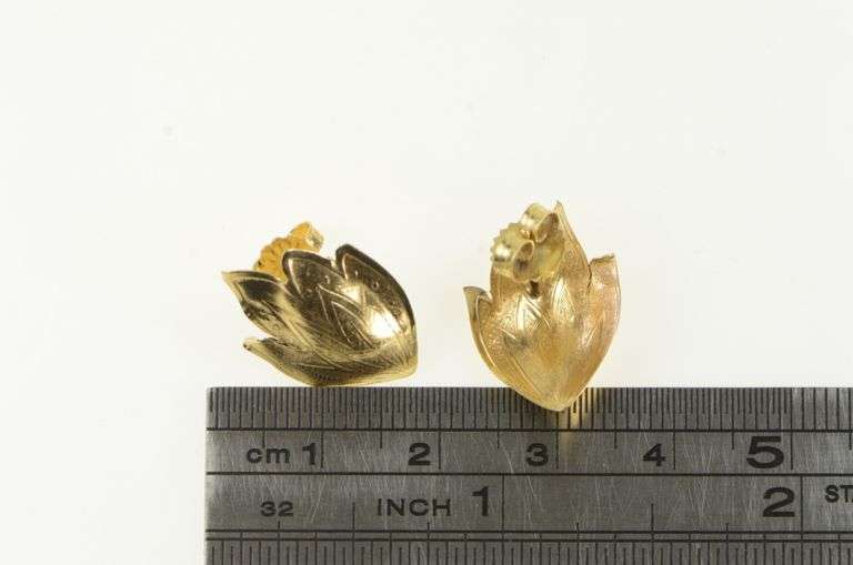14K Yellow Gold Ornate Lotus Flower Domed Stud Earrings