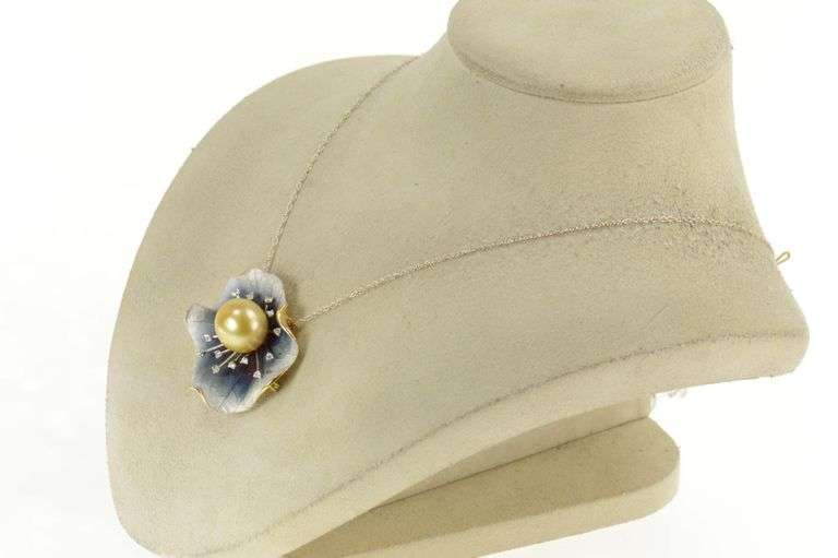 18K Yellow Gold Designer Pearl Diamond Lily Pad Leaf Pendant/Pin