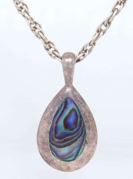 Vintage 925 Sterling Silver Abalone Pendant on Rope Chain Necklace