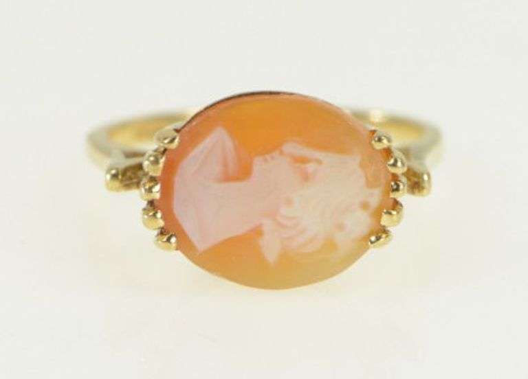 10K Yellow Gold Carved Shell Cameo Ornate Vintage Ring
