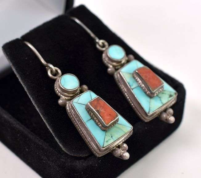 Sterling Silver Turquoise and Coral Dangle Earrings