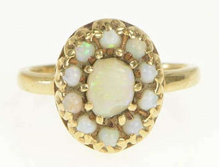 14K Yellow Gold 1940's Natural Opal Halo Retro Cocktail Ring
