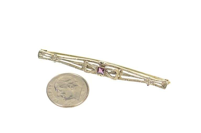 10K White Gold Art Deco Princess Amethyst Etched Bow Bar Pin/Brooch