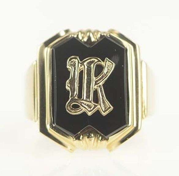 10K Yellow Gold Retro Black Onyx K Monogram Squared Signet Ring