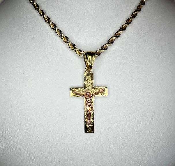 14 Kt Plated Rose Gold and Yellow Gold 2 Tone Jesus Cross Pendant Necklace