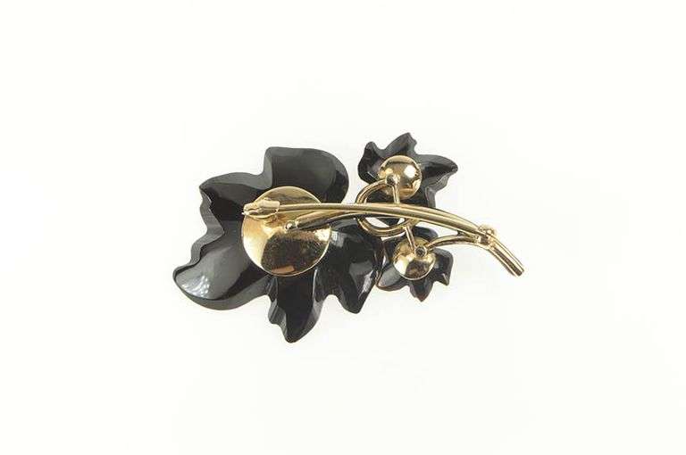 14K Yellow Gold Black Bakelite Diamond Leaf Cluster Retro Pin/Brooch