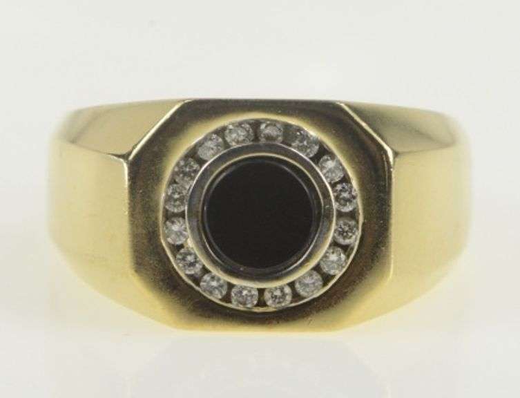 14K Yellow Gold Onyx Diamond Halo Squared Men's Statement Ring