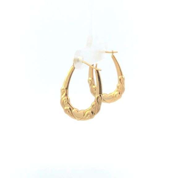 10K Yellow Gold Puffy Heart Love Symbol Scroll Oval Hoop Earrings