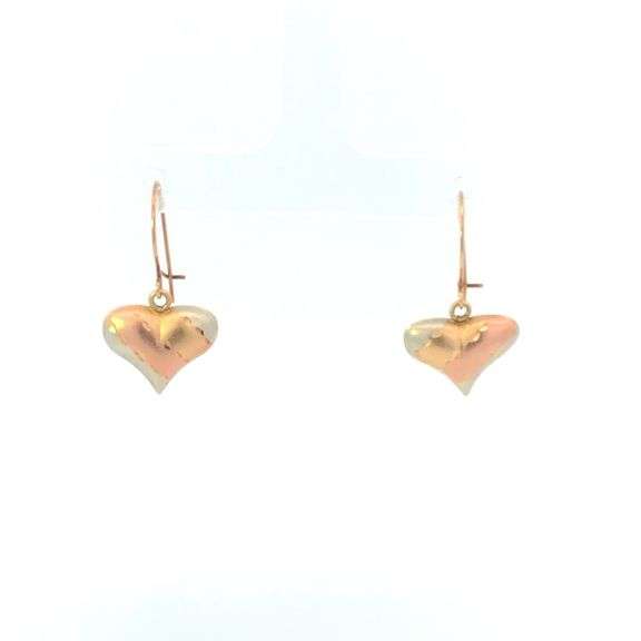 10K Yellow Gold High Relief Striped Heart Love Symbol Dangle Earrings