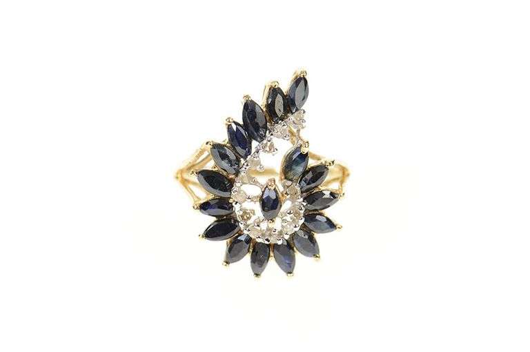 14K Yellow Gold Marquise Natural Sapphire Diamond Swirl Ring