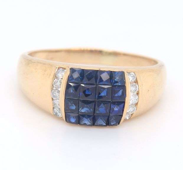 Powerful Yellow Gold Invisible Set Sapphire and Diamond Accent Ring