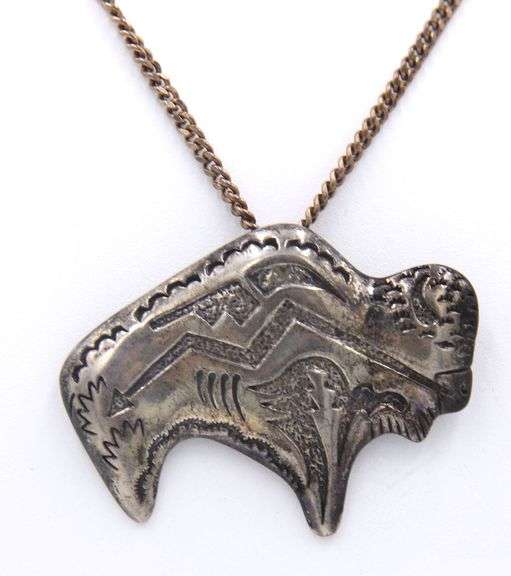 Vintage 925 Sterling Silver Buffalo Pendant Brooch on Chain Necklace