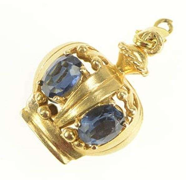 14K Yellow Gold 1950's 3D Syn. Sapphire Crown Queen King Charm/Pendant
