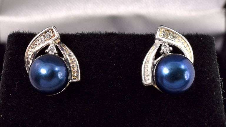 Sterling Silver Blue Pearl and CZ Gem Stud Earrings