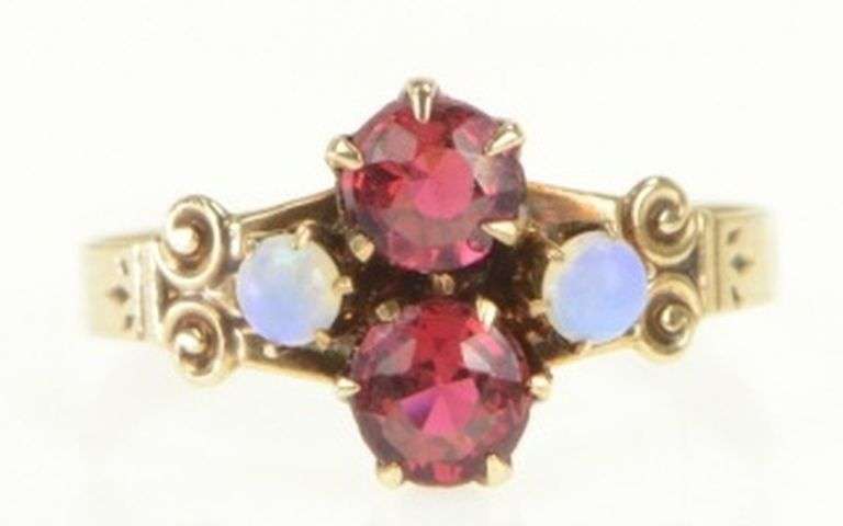 14K Yellow Gold Victorian Opal Syn. Ruby Statement Vintage Ring