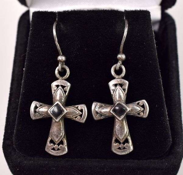 Sterling Silver Cross Black Onyx Dangle Earrings