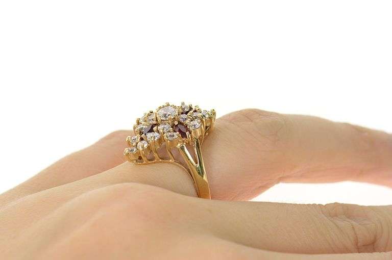10K Yellow Gold Ornate Cubic Zirconia Syn. Ruby Cluster Ring
