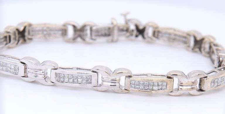 White Gold Double Row Invisible Set Princess Cut Bracelet