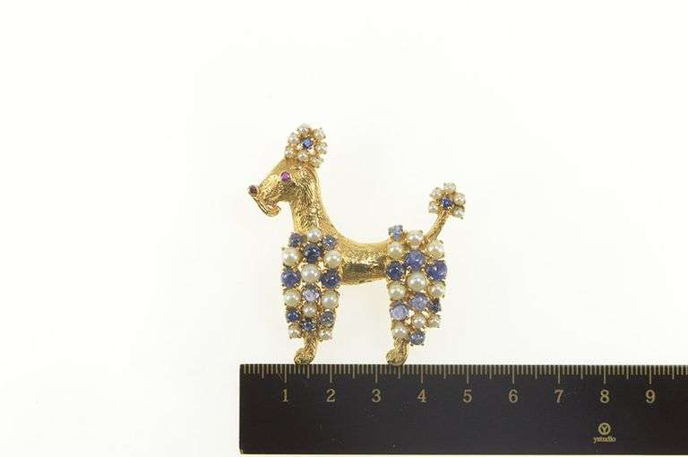 14K Yellow Gold 1960's Pearl Sapphire French Poodle Dog Pin/Brooch