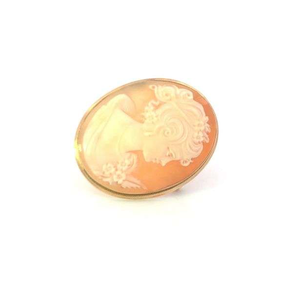 18K Yellow Gold Carved Shell Cameo Classic Vintage Lady Pin/Brooch