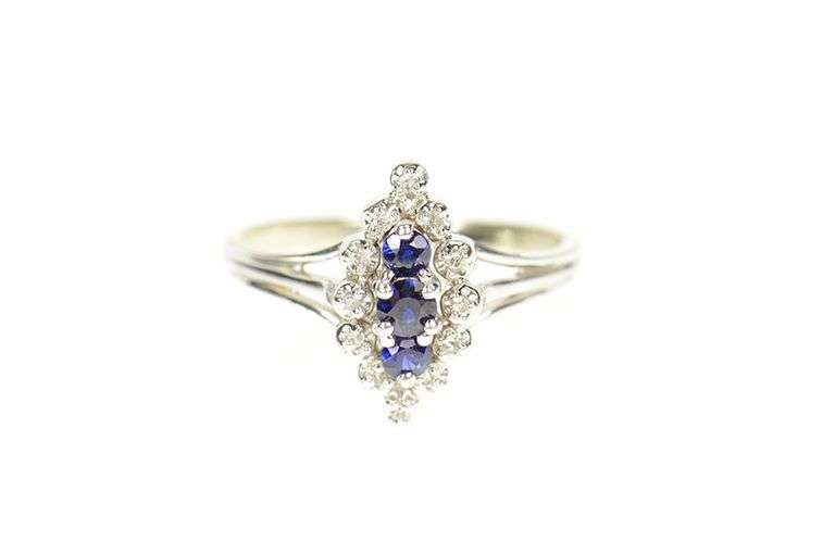 14K White Gold Marquise Sapphire Diamond Halo Cluster Ring