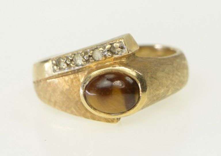 10K Yellow Gold Tiger's Eye Diamond Retro Vintage Ring