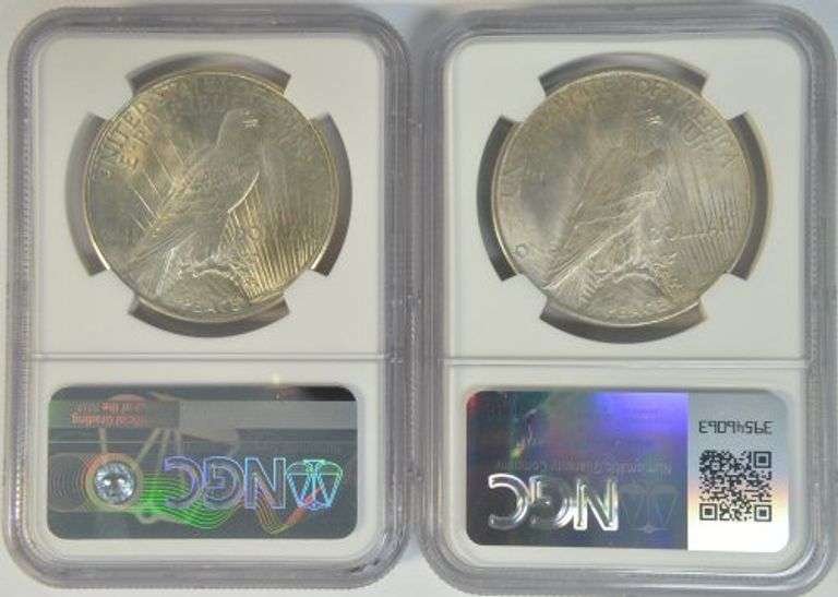 Near Gem BU 1924 & 1925 Peace Silver Dollars. NGC MS64