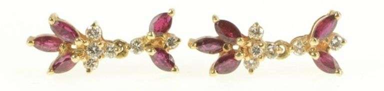 14K Yellow Gold Marquise Ruby Dangle Diamond Accent Earrings