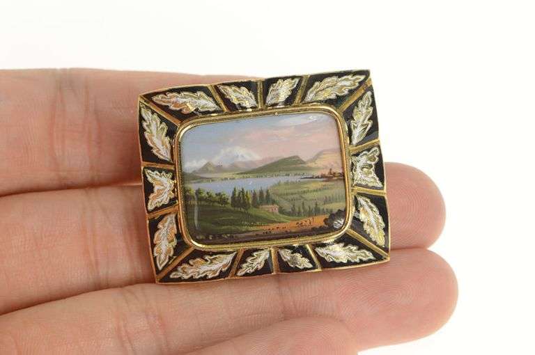 14K Yellow Gold Victorian Mount Valley Hand Painted Enamel Pin/Brooch