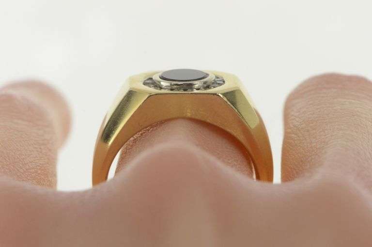 14K Yellow Gold Onyx Diamond Halo Squared Men's Statement Ring