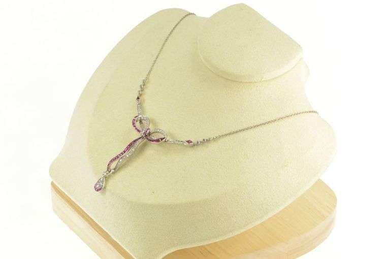 18K White Gold 5.00 Elaborate Art Deco Diamond Ruby Bow Necklace