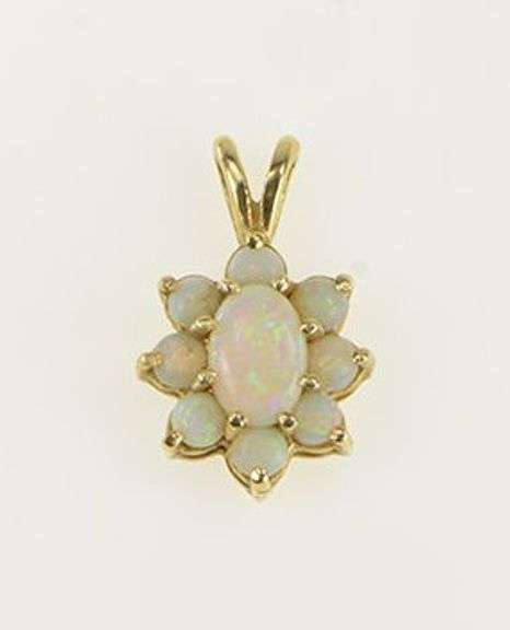 14K Yellow Gold Oval Natural Opal Halo Vintage Pendant