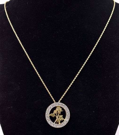 Astounding 14K Yellow Gold Diamond Rose Circle Pendant Necklace