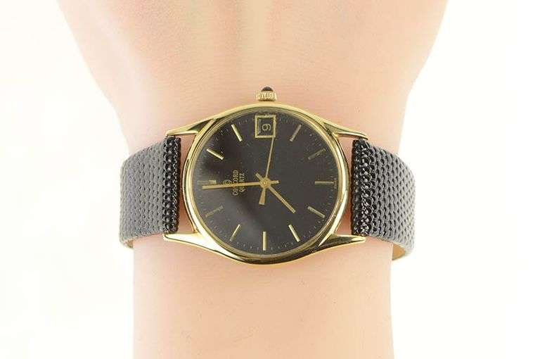 14K Concord Quartz Date Leather Band Vintage Men's Watch
