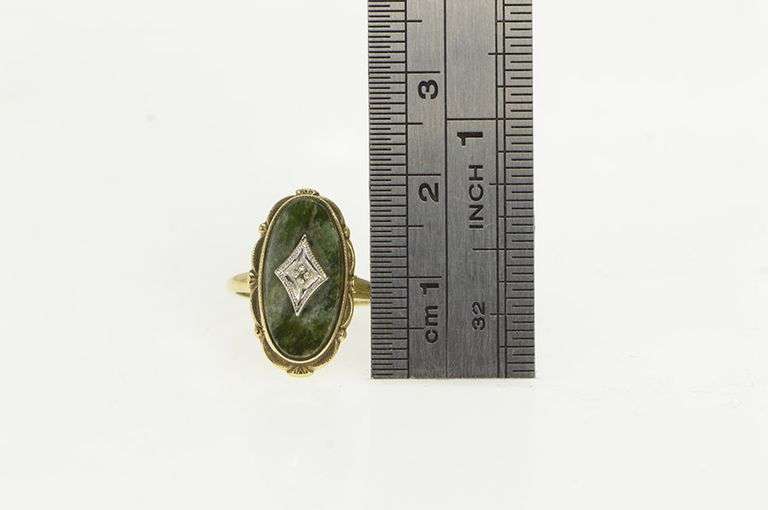 10K Yellow Gold Diamond Oval Green Stone Statement Ring