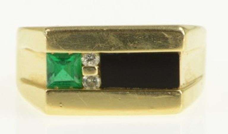 14K Yellow Gold Syn. Emerald Diamond Black Onyx Squared Ring