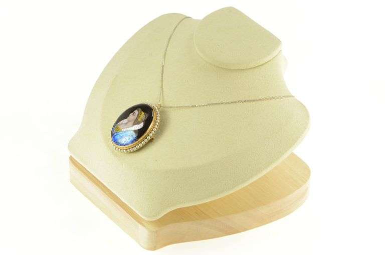 14K Yellow Gold R Blancher Limoges Ornate Pearl Oval Pendant/Pin