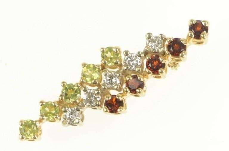 14K Yellow Gold Peridot Garnet Diamond Diagonal Cluster Pin/Brooch