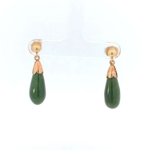 10K Yellow Gold Nephrite Tear Drop Dangle Vintage Statement Earrings