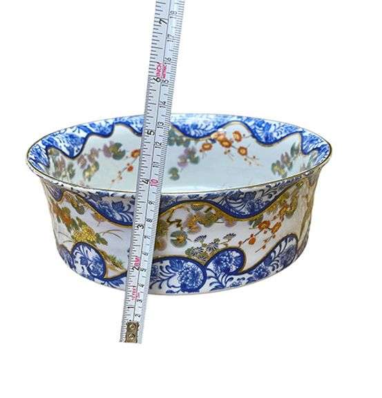 Rare Large Japanese Porcelain Bowl Floral and Birds Pattern With Gold and Blue Trim