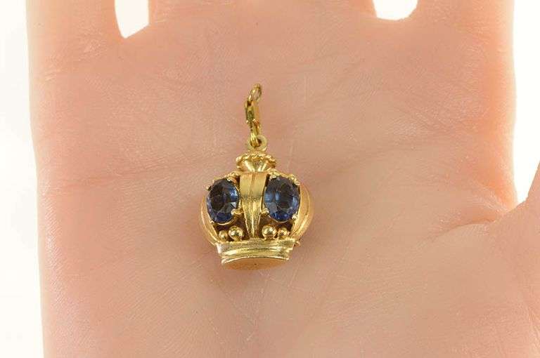 14K Yellow Gold 1950's 3D Syn. Sapphire Crown Queen King Charm/Pendant